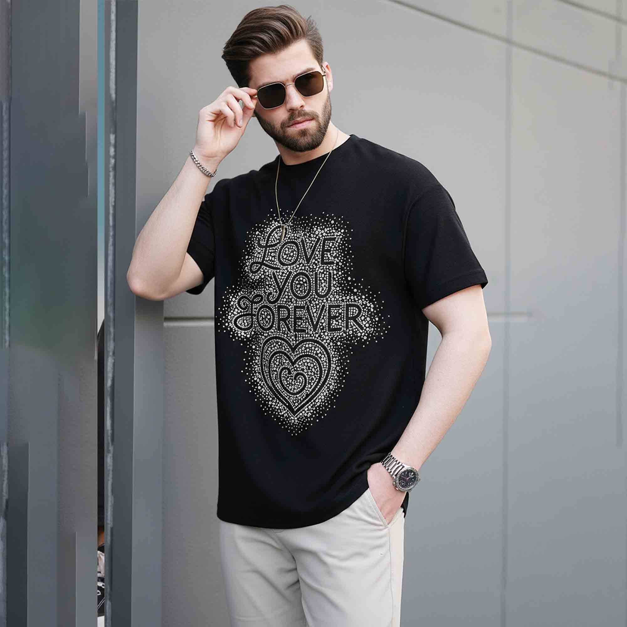 Mens Half Round Neck Printed Tshirt Black