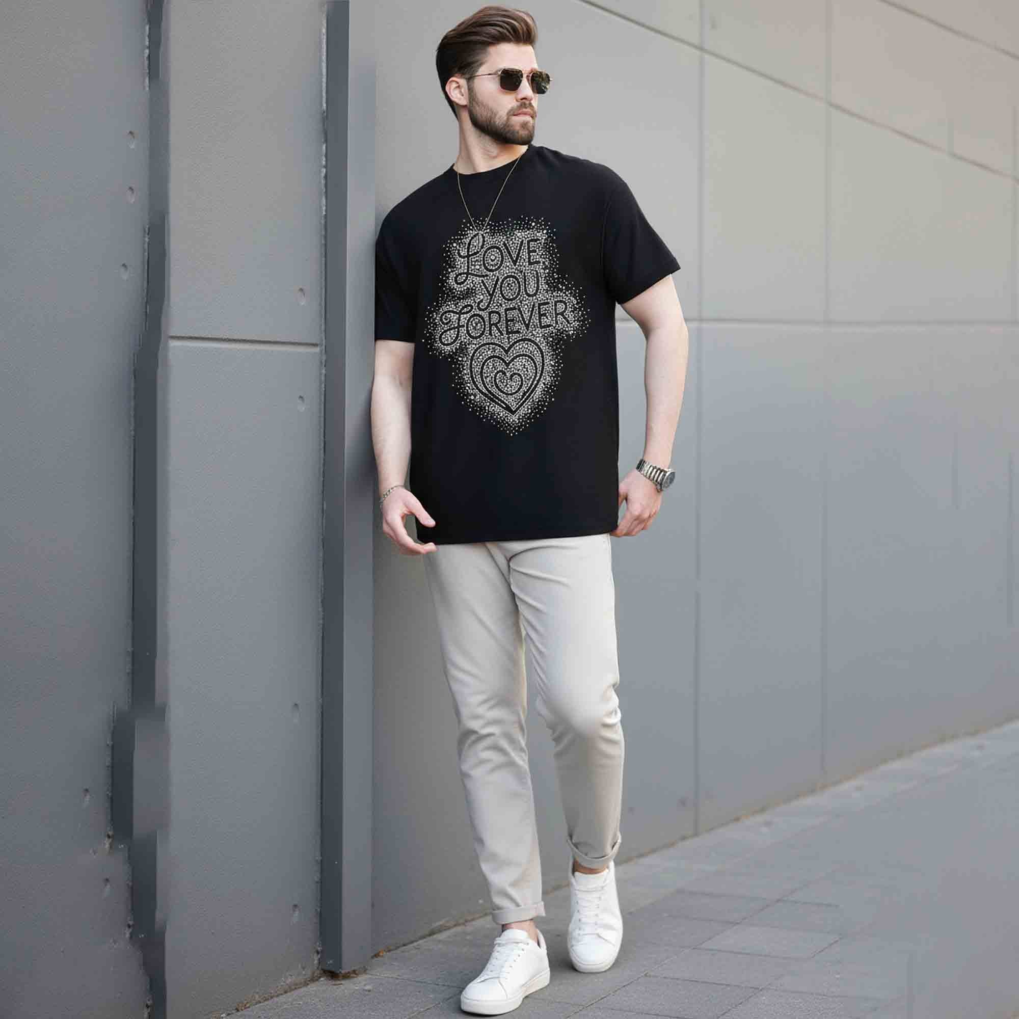 Mens Half Round Neck Printed Tshirt Black