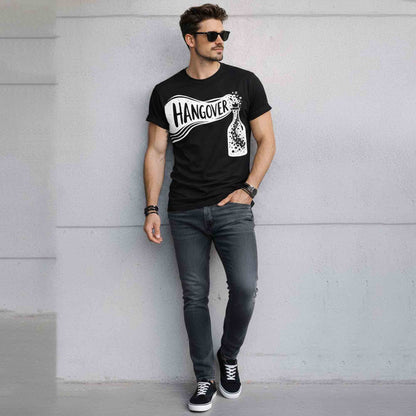Mens Half Round Neck HANGOVER Printed Tshirt Black