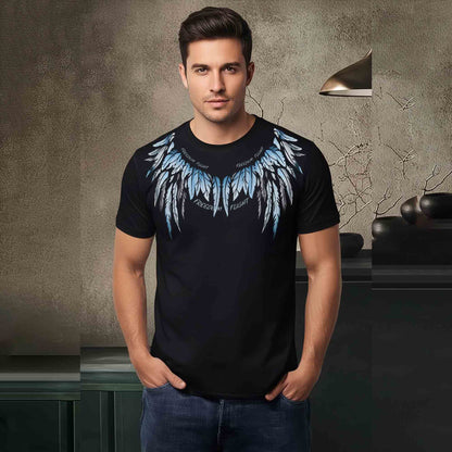 Man wearing a black t-shirt with blue wing design in an indoor setting