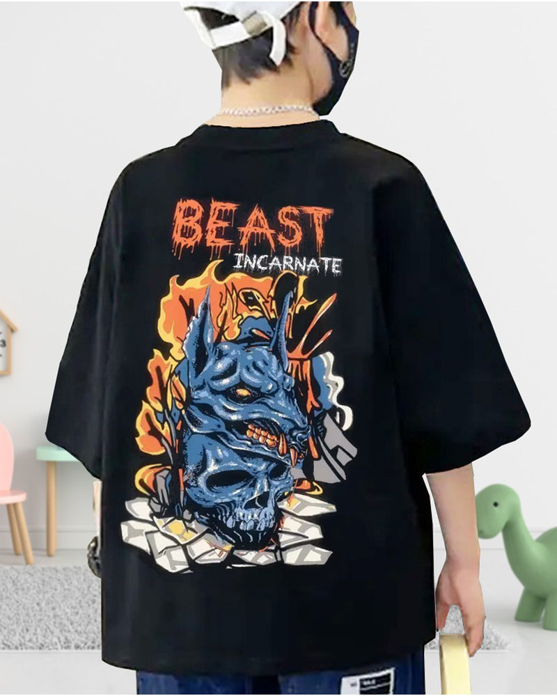 Boys Black Beast Graphic Back Printed Oversized T-shirt