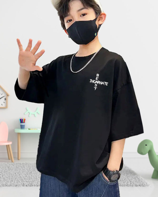 Boys Black Beast Graphic Back Printed Oversized T-shirt