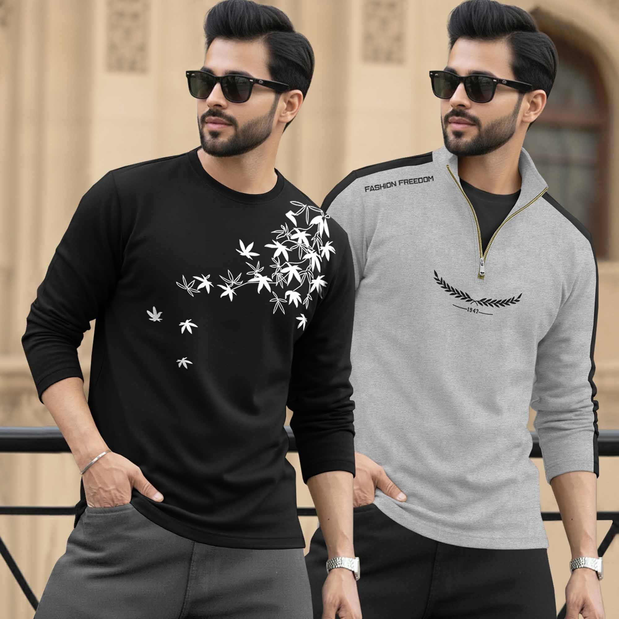 (Pack Of 2) Full Sleeve Printed T-shirts Black & Grey
