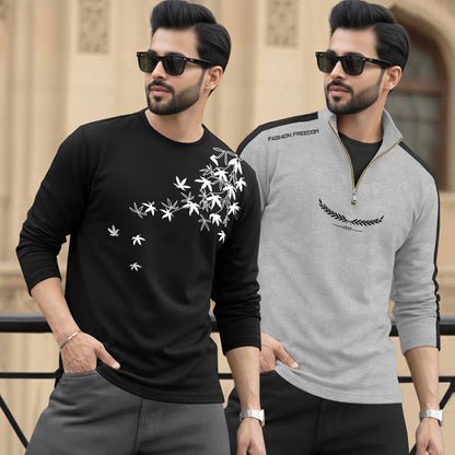 (Pack Of 2) Full Sleeve Printed T-shirts Black & Grey