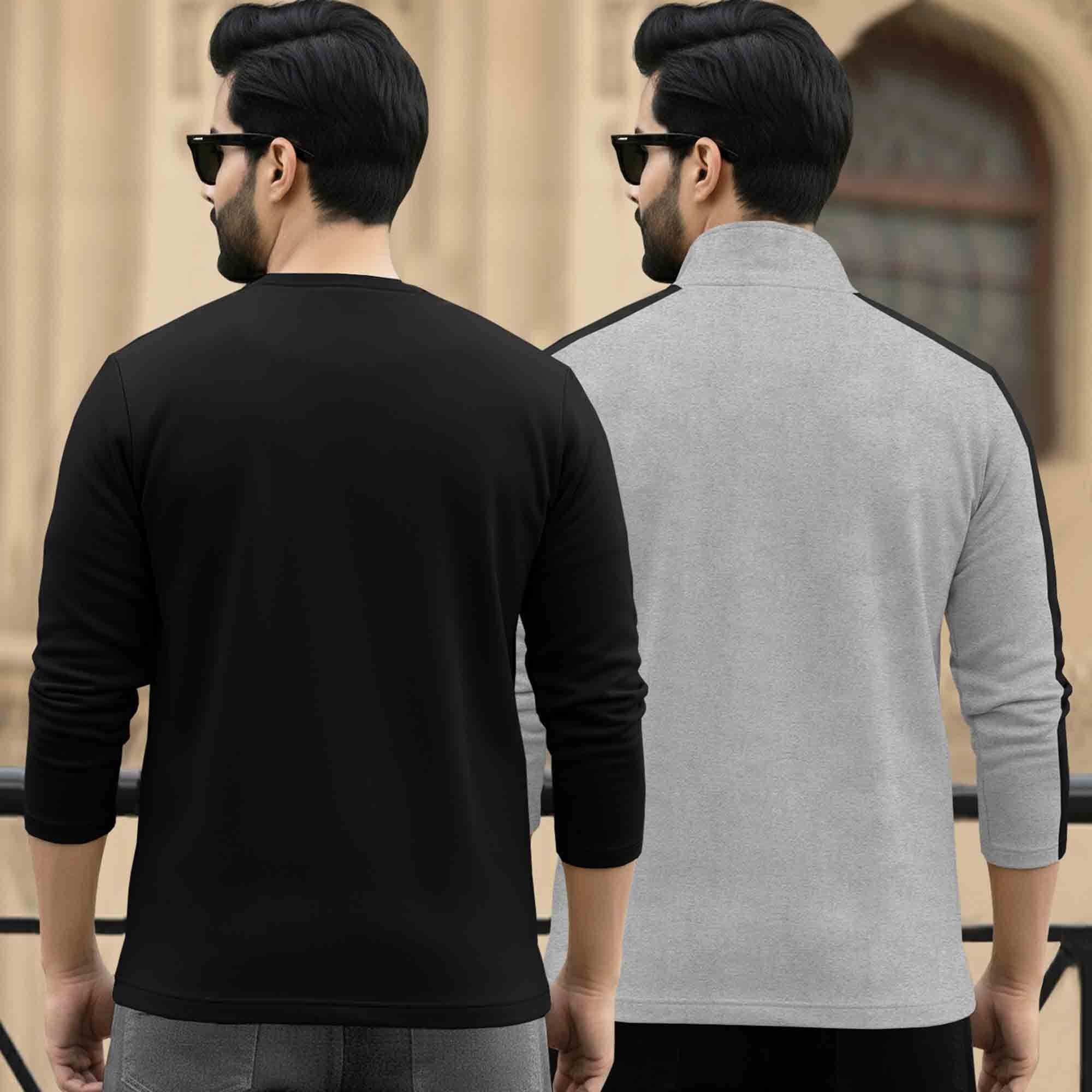 (Pack Of 2) Full Sleeve Printed T-shirts Black & Grey