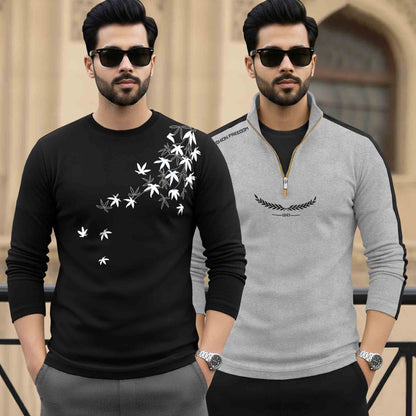 (Pack Of 2) Full Sleeve Printed T-shirts Black & Grey