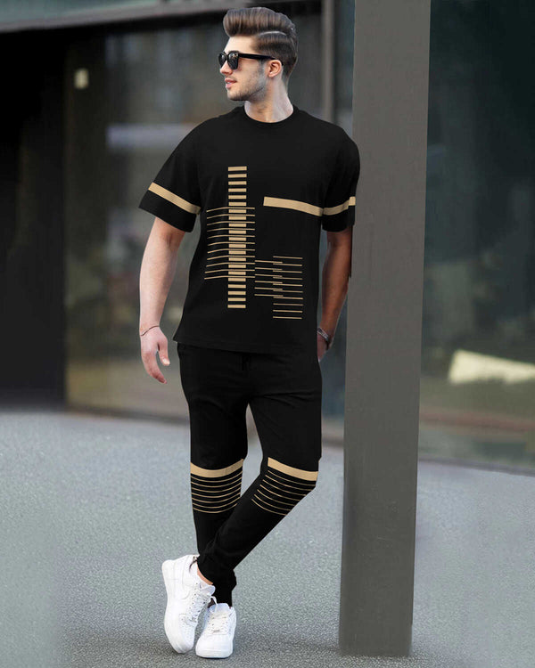 Tracksuit For Men - Half Sleeve Black T-shirt / Black Printed Trackpant