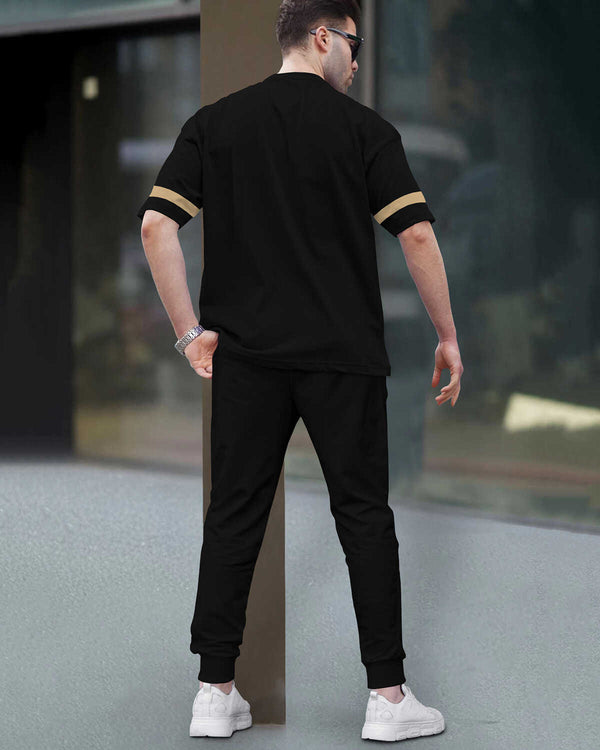 Tracksuit For Men - Half Sleeve Black T-shirt / Black Printed Trackpant