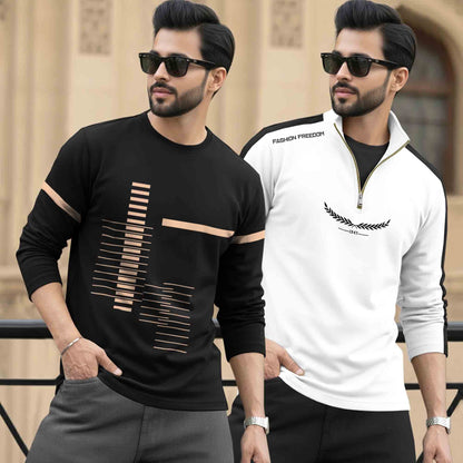 (Pack Of 2) Full Sleeve Printed T-shirts Black & White
