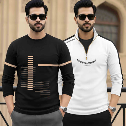 (Pack Of 2) Full Sleeve Printed T-shirts Black & White
