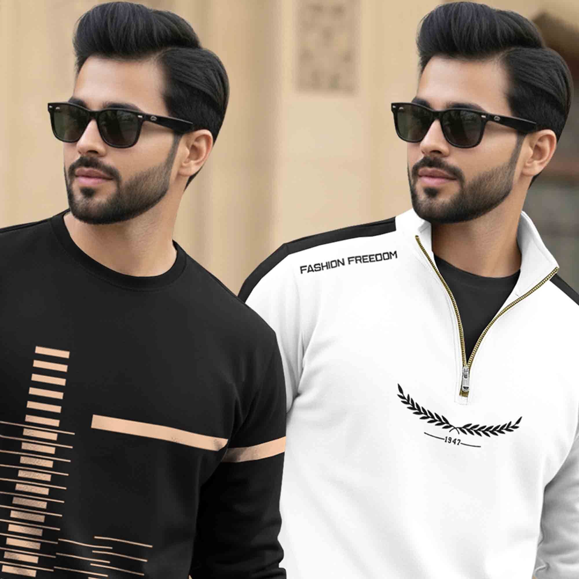(Pack Of 2) Full Sleeve Printed T-shirts Black & White
