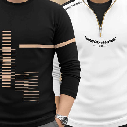(Pack Of 2) Full Sleeve Printed T-shirts Black & White