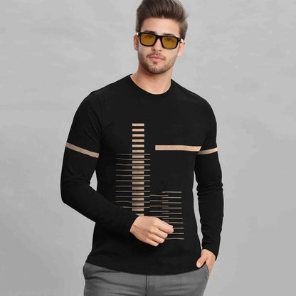 Black Printed Full Sleeve Round Neck Cotton Blend T-Shirt