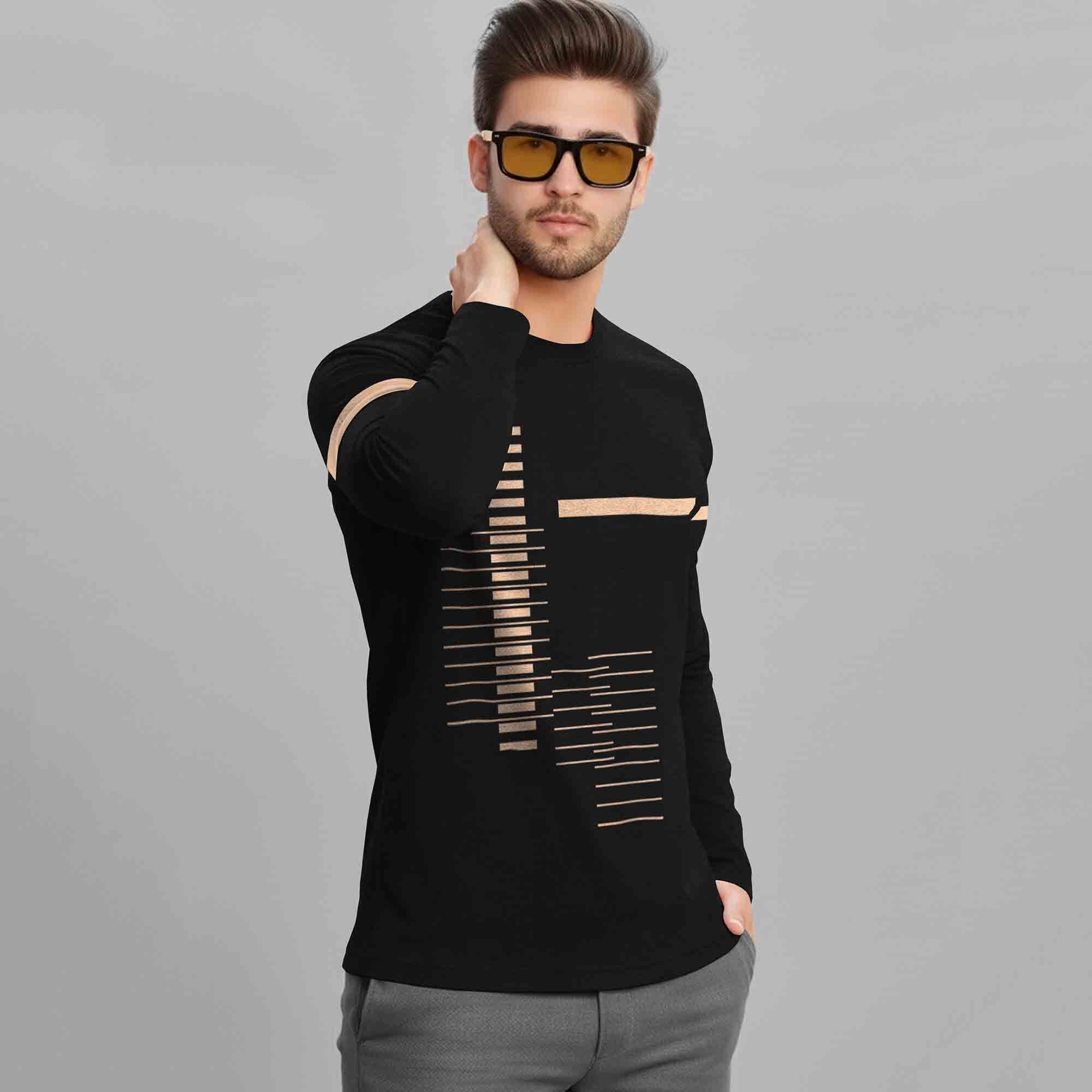 Black Printed Full Sleeve Round Neck Cotton Blend T-Shirt