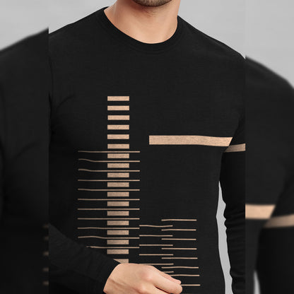 Black Printed Full Sleeve Round Neck Cotton Blend T-Shirt