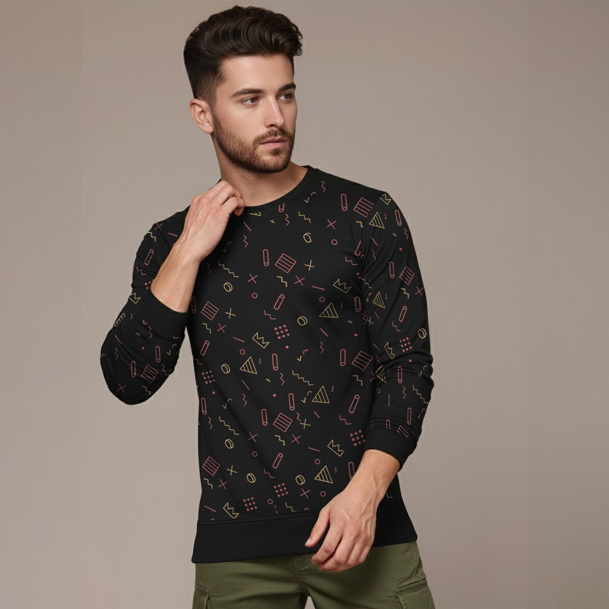 Men Round Neck Printed Full Sleeve Cotton Blend Tshirt Black