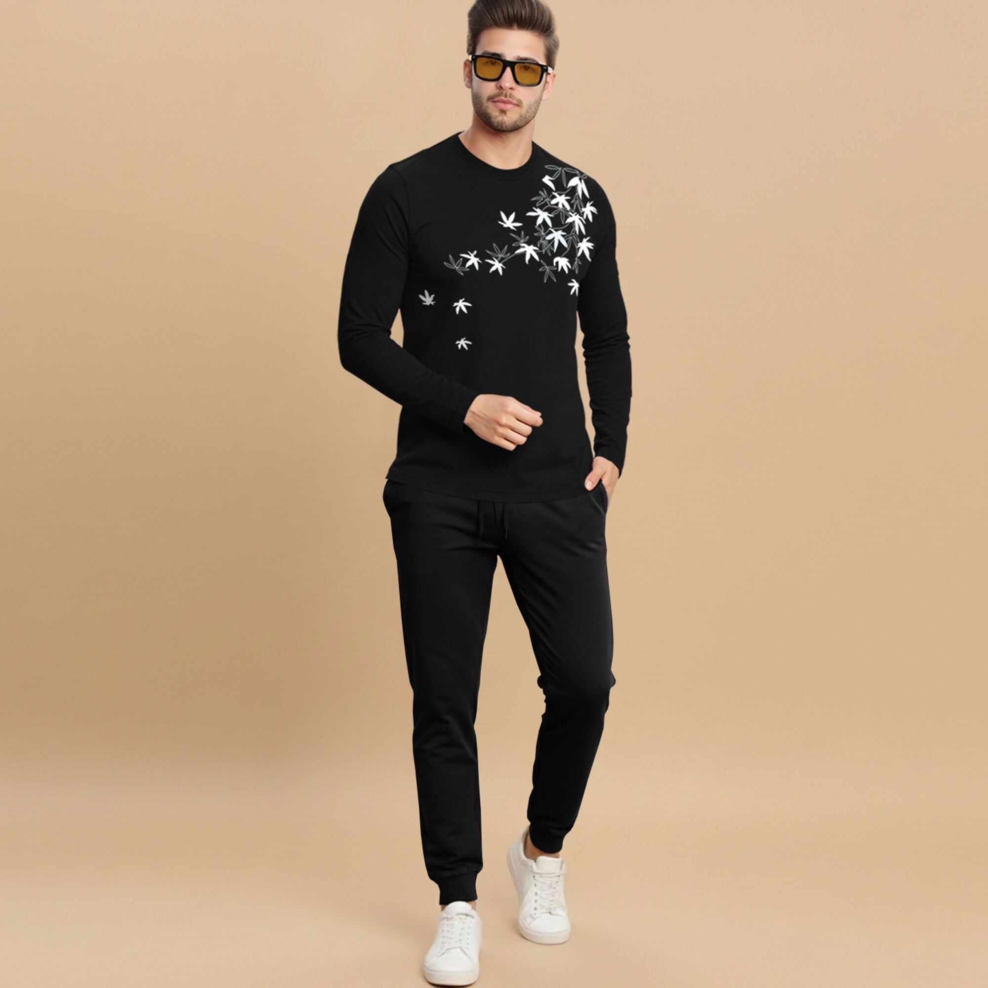 Full Sleeve Printed Black Tshirt & Plain Black Trackpant