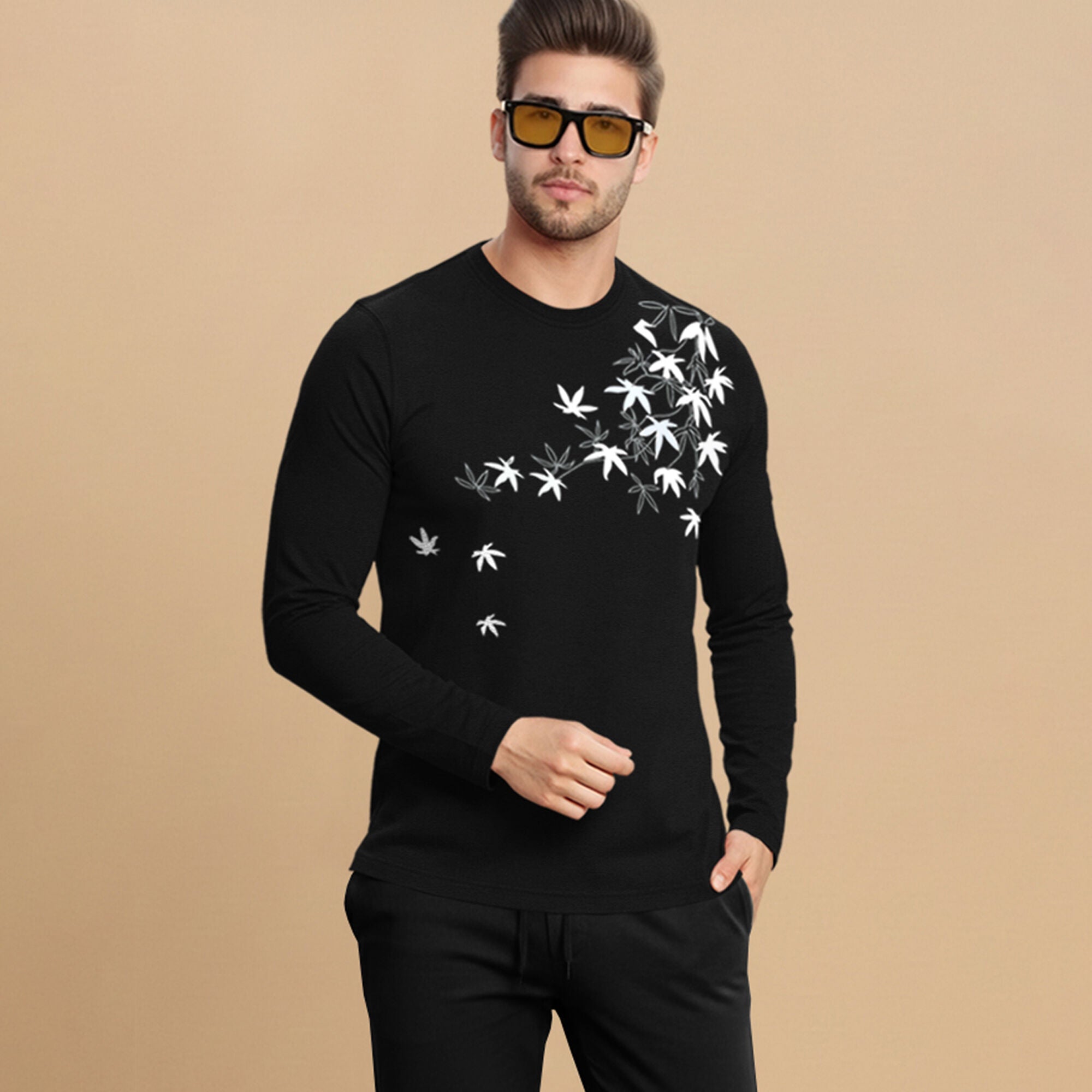 Full Sleeve Printed Black Tshirt & Plain Black Trackpant