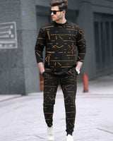 Tracksuit For Men - Full Sleeve Black T-shirt / Black Printed Trackpant