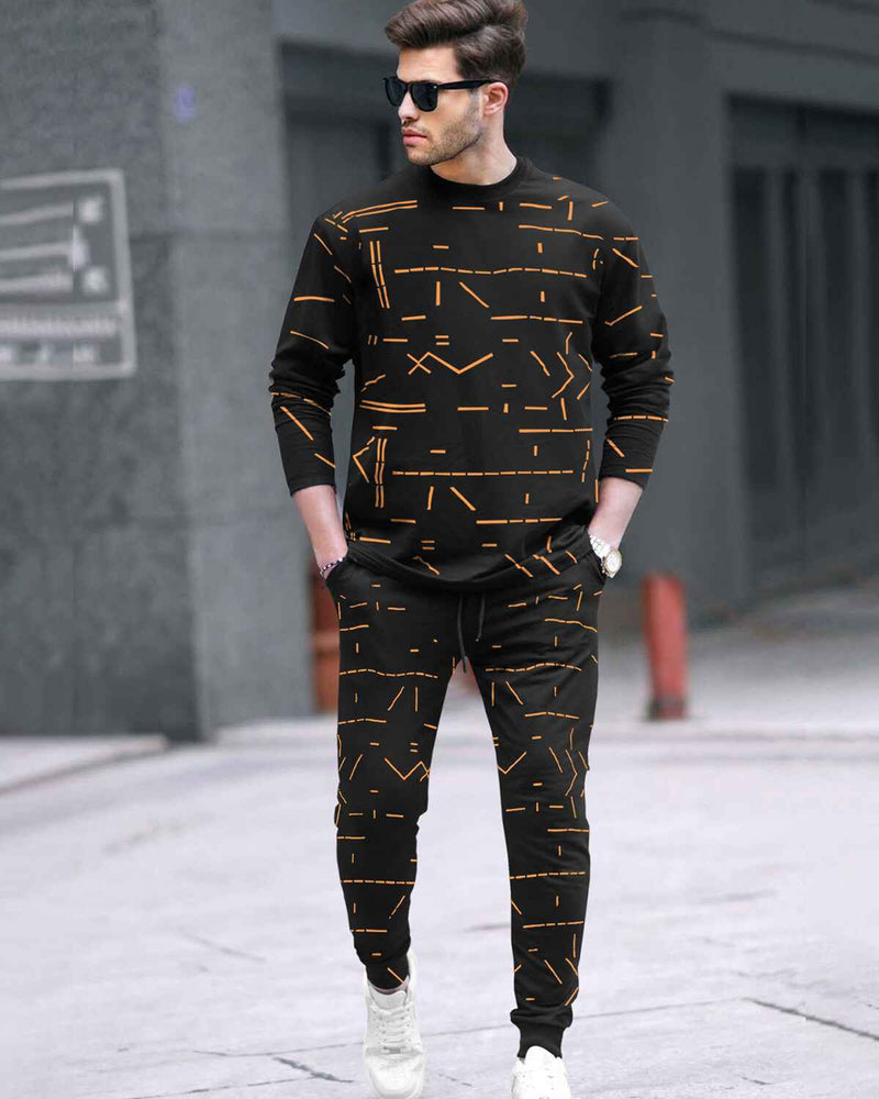 Tracksuit For Men - Full Sleeve Black T-shirt / Black Printed Trackpant