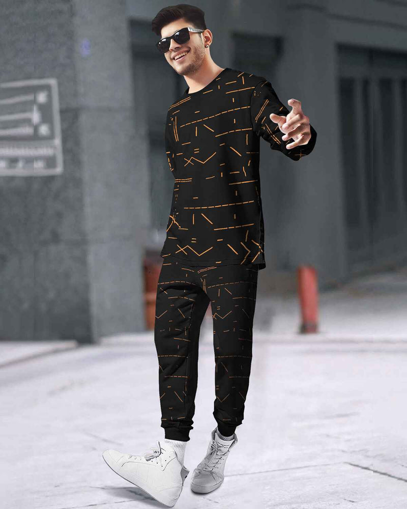 Tracksuit For Men - Full Sleeve Black T-shirt / Black Printed Trackpant