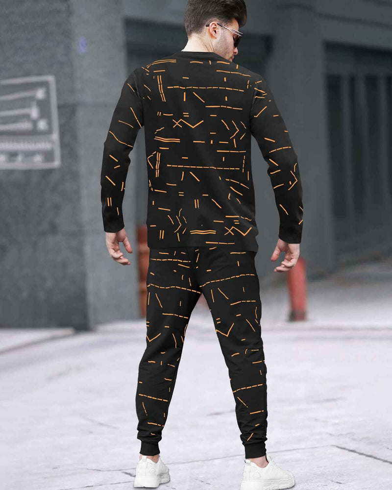 Tracksuit For Men - Full Sleeve Black T-shirt / Black Printed Trackpant