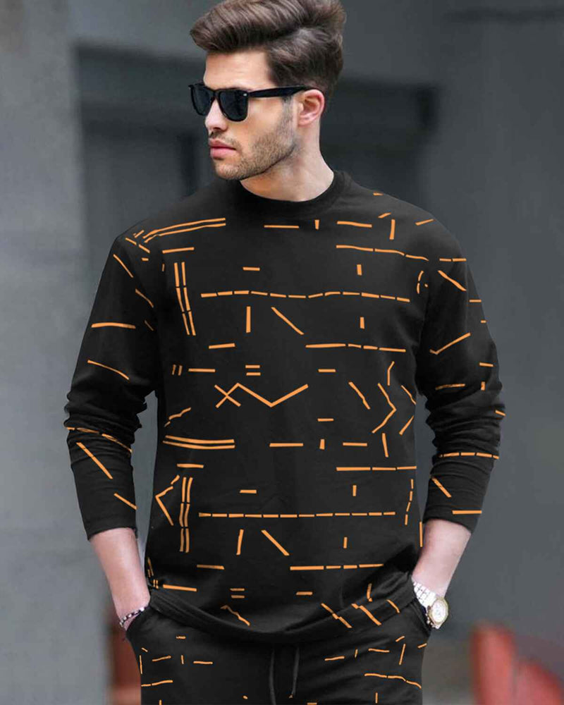 Tracksuit For Men - Full Sleeve Black T-shirt / Black Printed Trackpant