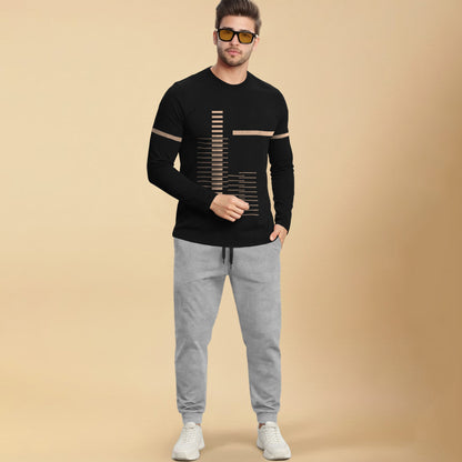 Out Fit Set Full Sleeve Printed Black Tshirt Matching Grey Trackpant