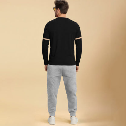 Out Fit Set Full Sleeve Printed Black Tshirt Matching Grey Trackpant