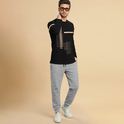 Out Fit Set Full Sleeve Printed Black Tshirt Matching Grey Trackpant