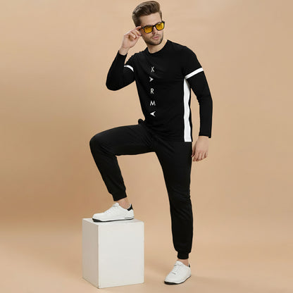 Out Fit Set Full Sleeve Printed Black Tshirt Matching Black Trackpant