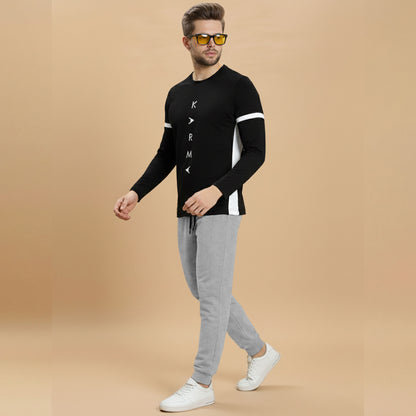 Out Fit Set Full Sleeve Printed Black Tshirt Matching Grey Trackpant