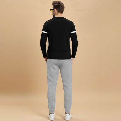 Out Fit Set Full Sleeve Printed Black Tshirt Matching Grey Trackpant