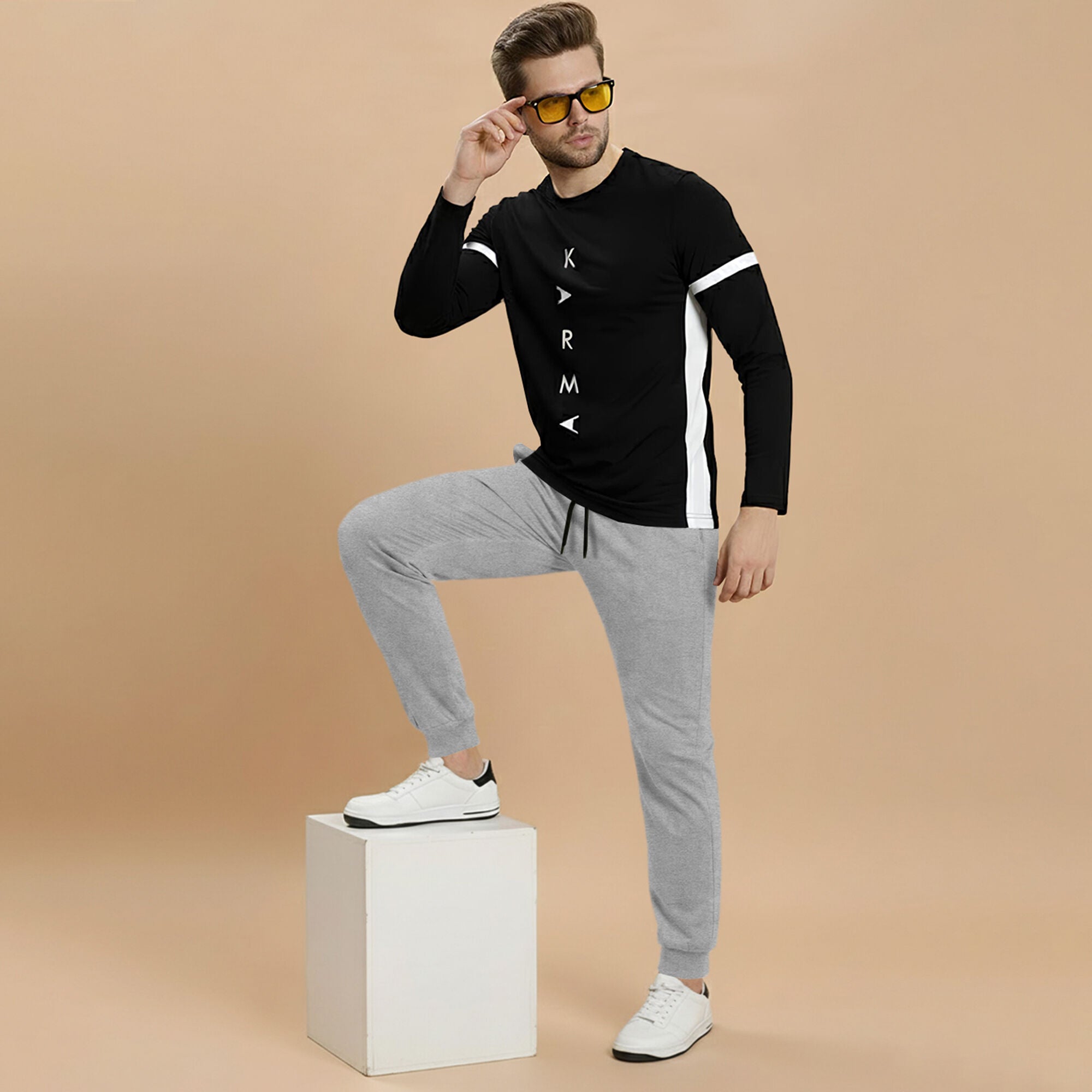 Out Fit Set Full Sleeve Printed Black Tshirt Matching Grey Trackpant