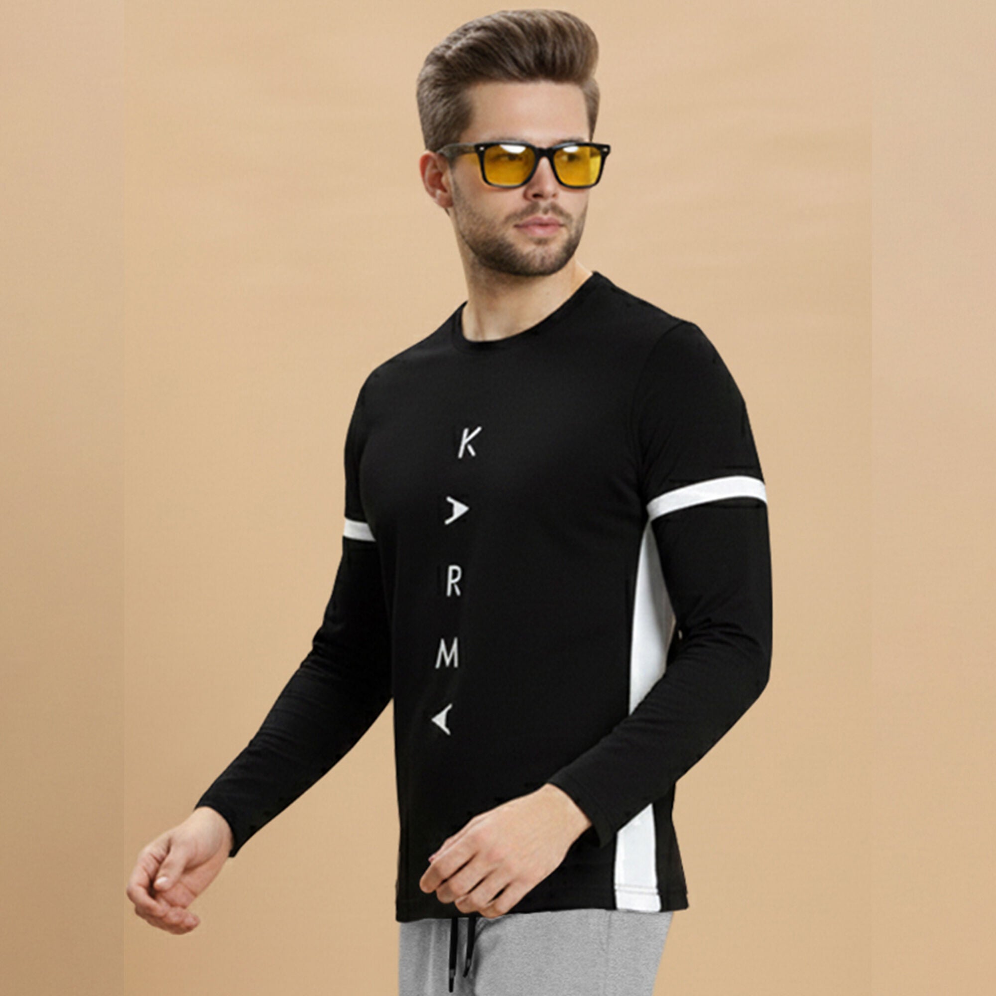 Out Fit Set Full Sleeve Printed Black Tshirt Matching Grey Trackpant