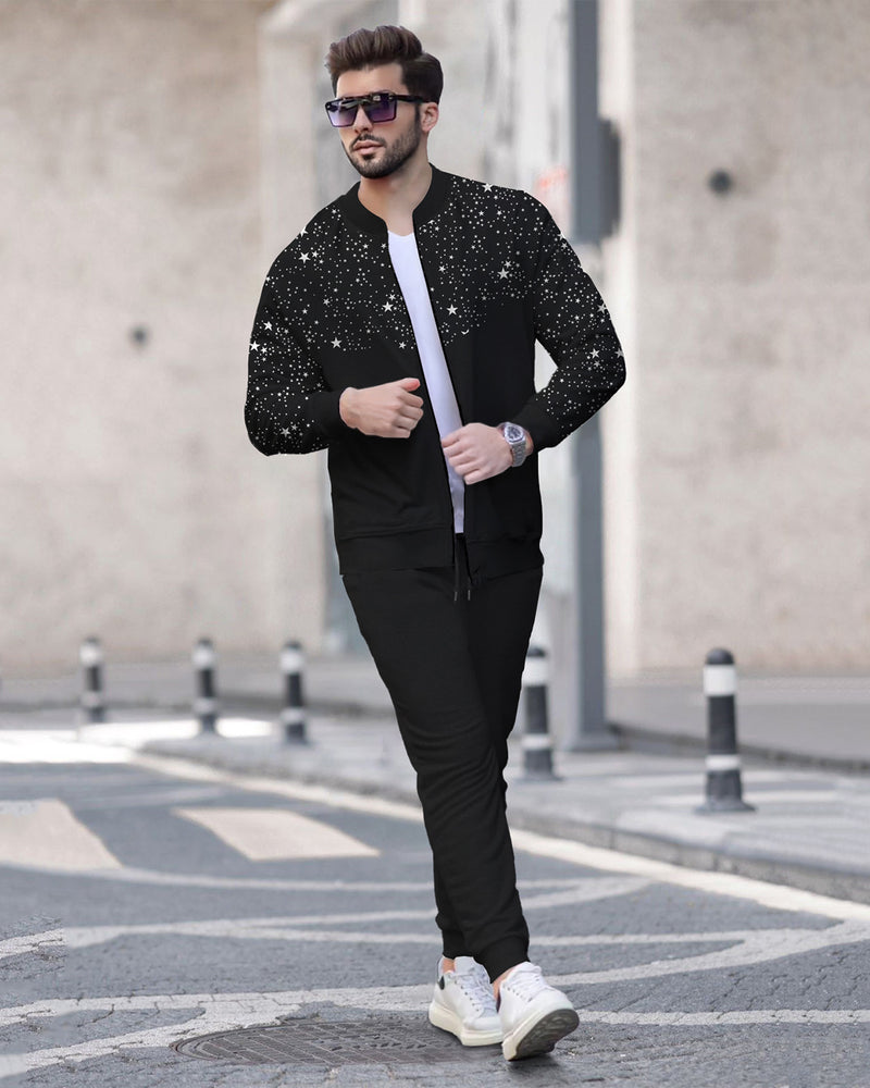 Tracksuit For Men Round Neck Black Star Printed jacket / Black Plain Trackpant