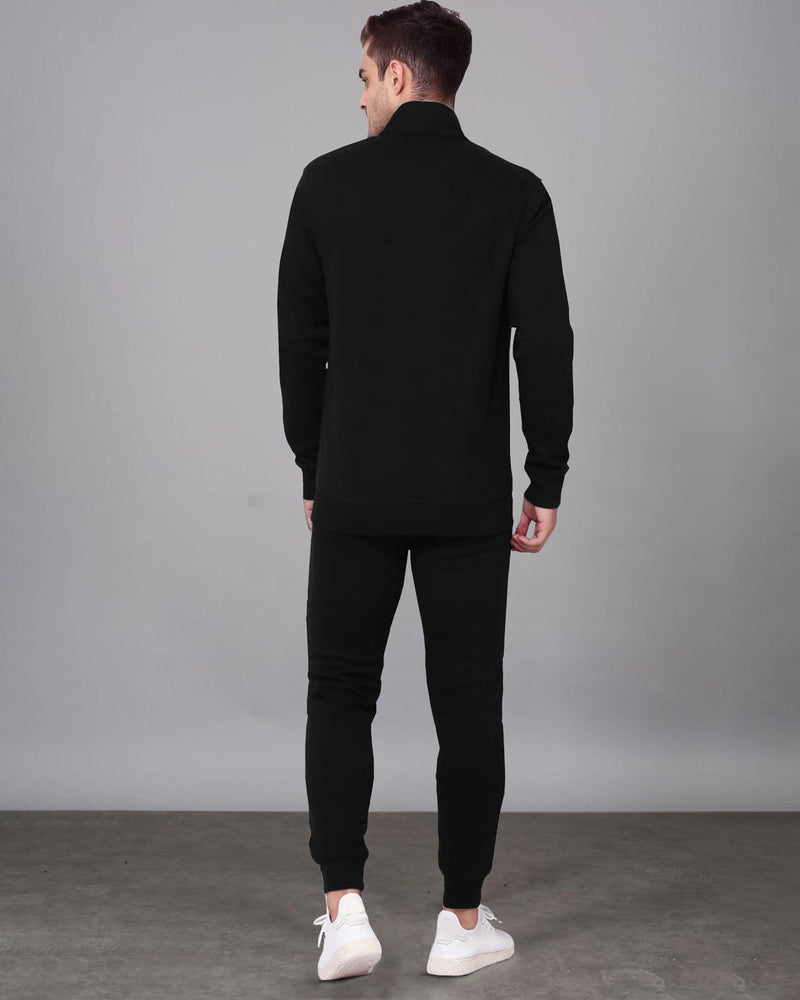 Mens Round Neck Black Winter Jacket / Black Plain Trackpant