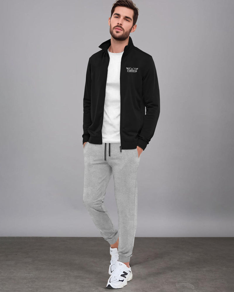 Mens Round Neck Black Winter Jacket / Grey Plain Trackpant