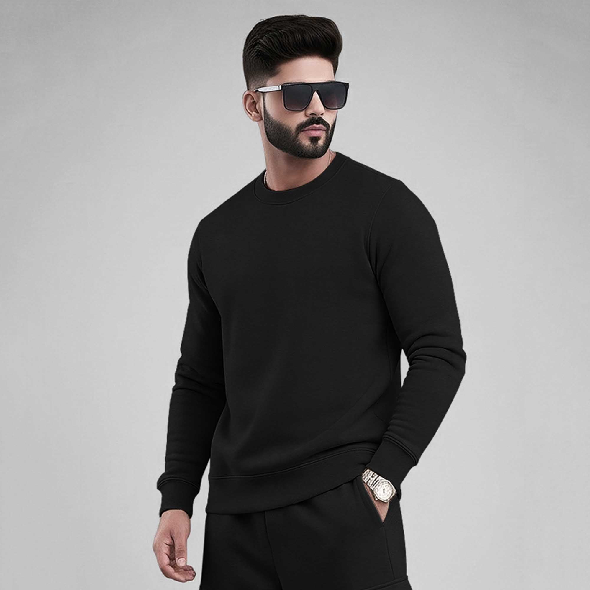 Black Round Neck Sweatshirt and Black Baggy Cargo Tracksuit