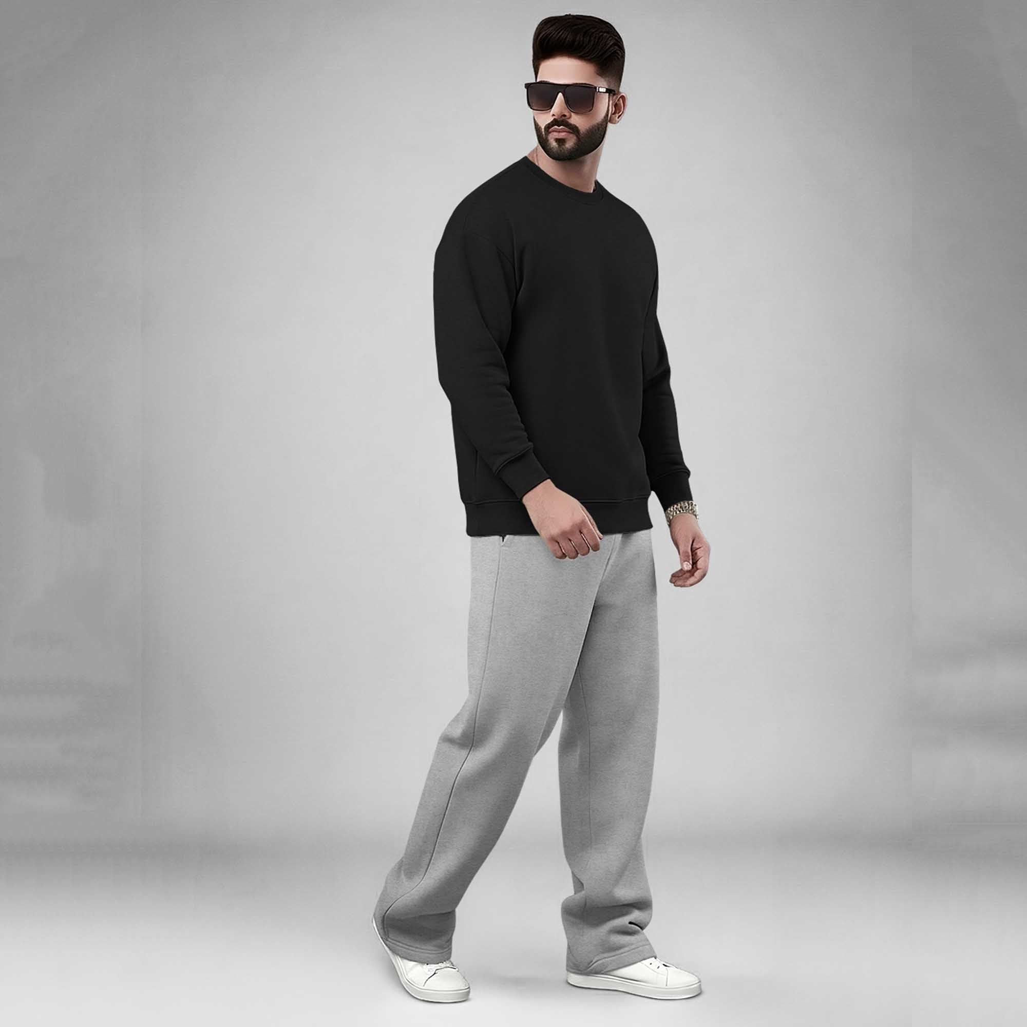 Black Round Neck Sweatshirt and Grey Baggy Cargo Tracksuit