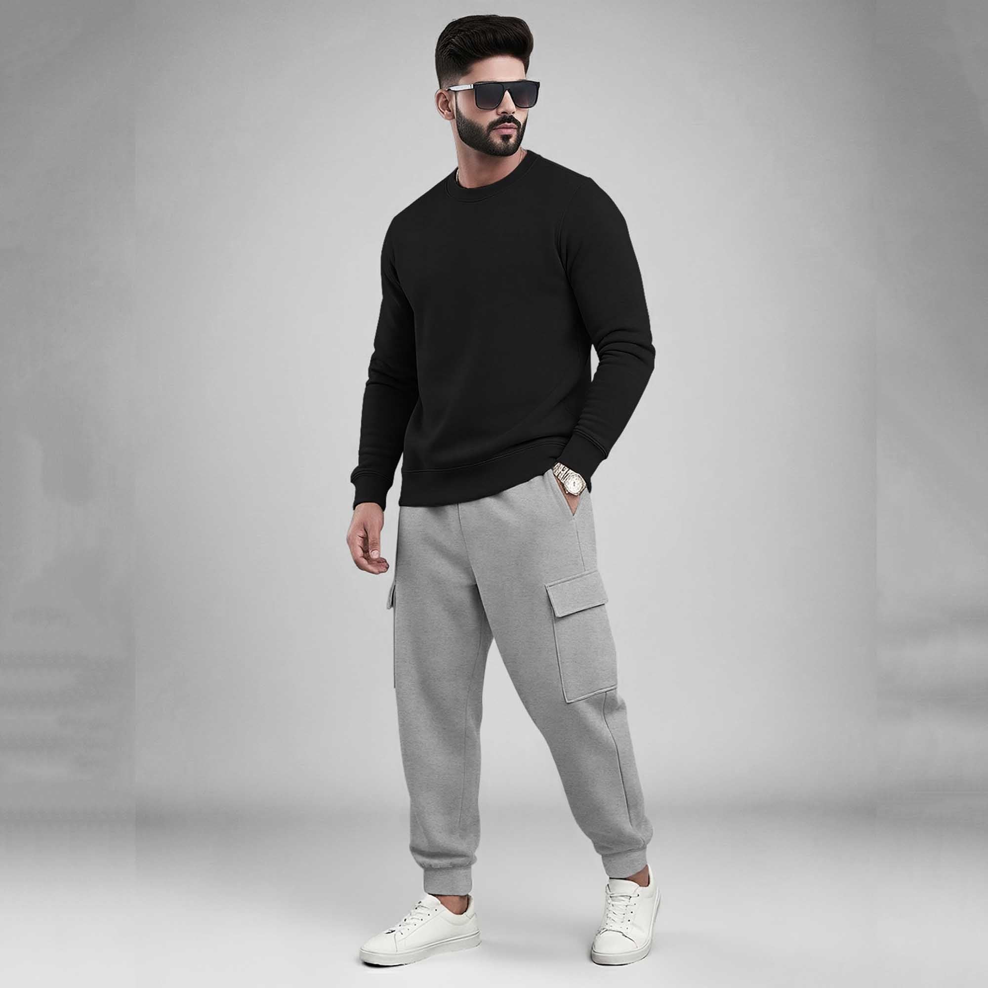 Men's Plain Round Neck Sweatshirts and Cargo Joggers Outfit Sets