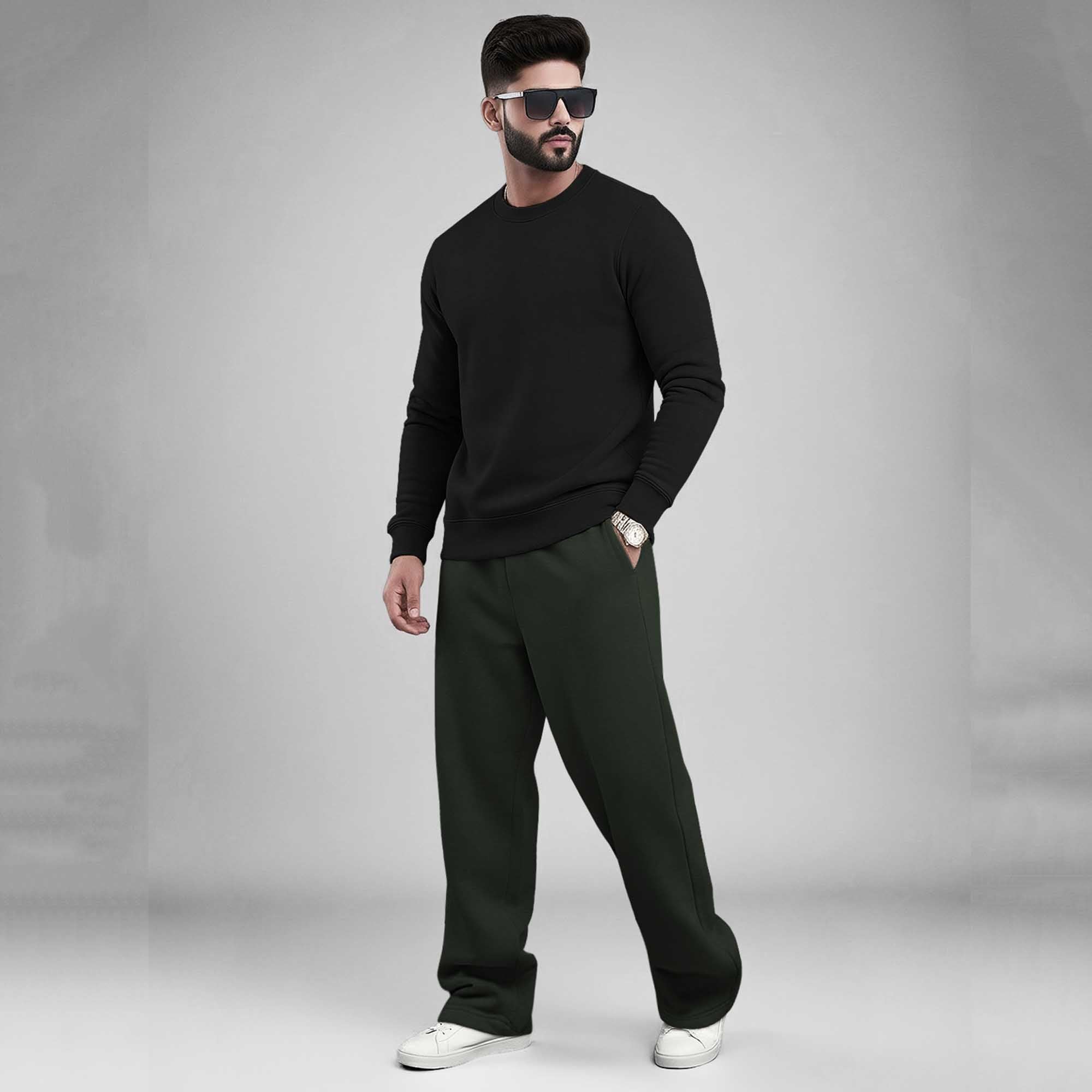 Olive Green High Neck Sweatshirt & Olivegreen Plain Baggy Cargo Tracksuit