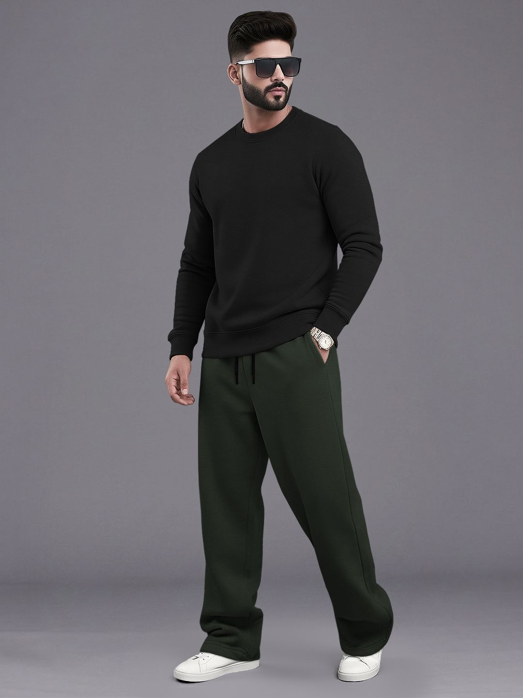 Tracksuit Men Round Neck Plain Sweatshirt & Loose Fit Plain Trackpants