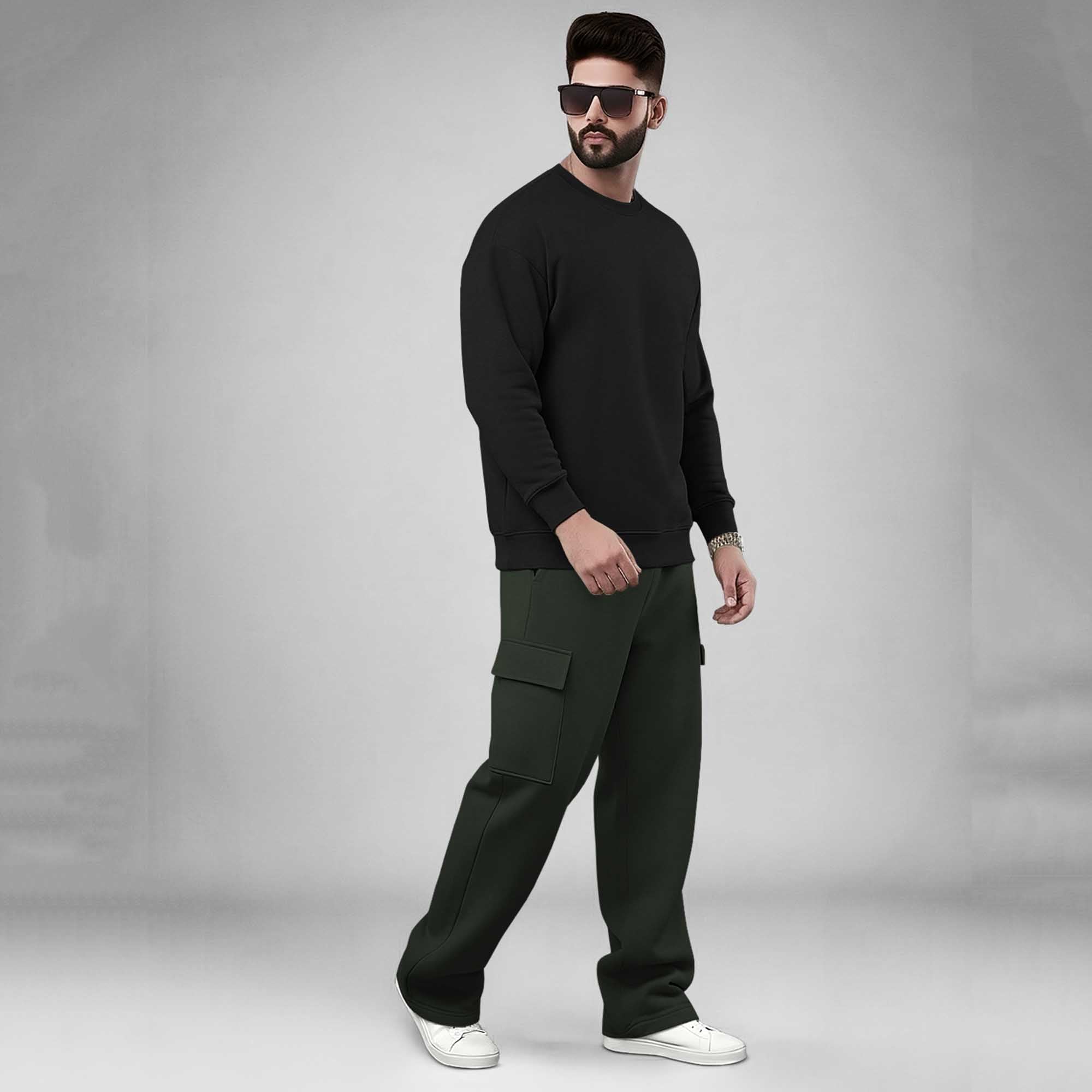 Black Round Neck Sweatshirt and Olivegreen Baggy Cargo Tracksuit