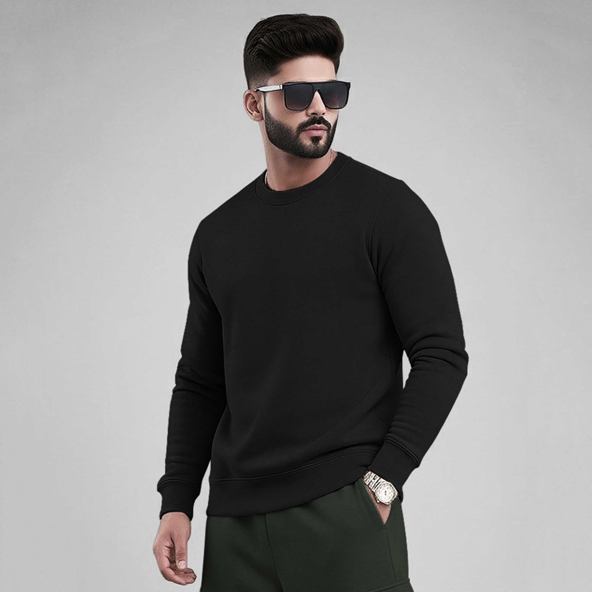 Black Round Neck Sweatshirt and Olivegreen Baggy Cargo Tracksuit