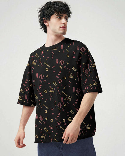 Mens All Over Printed Black Drop Shoulder Tshirt