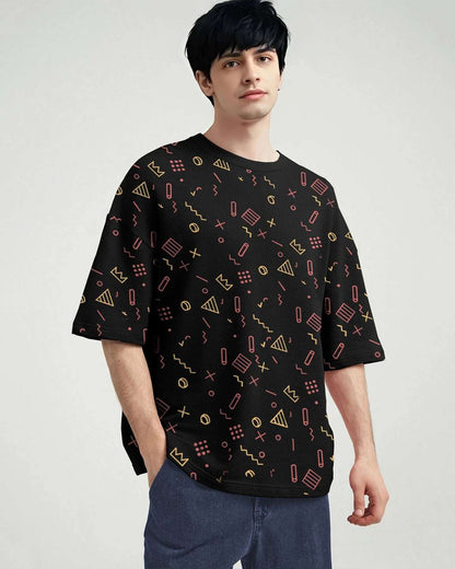 Mens All Over Printed Black Drop Shoulder Tshirt