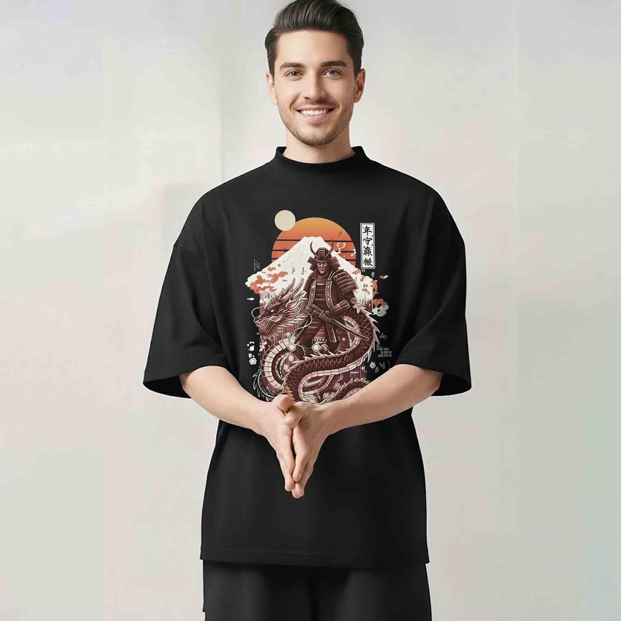Samurai Dragon Graphic Design Printed Oversized Tshirt Black