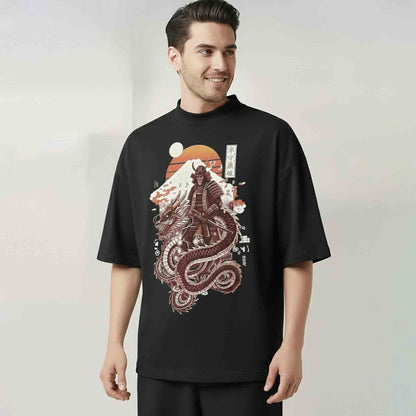 Samurai Dragon Graphic Design Printed Oversized Tshirt Black