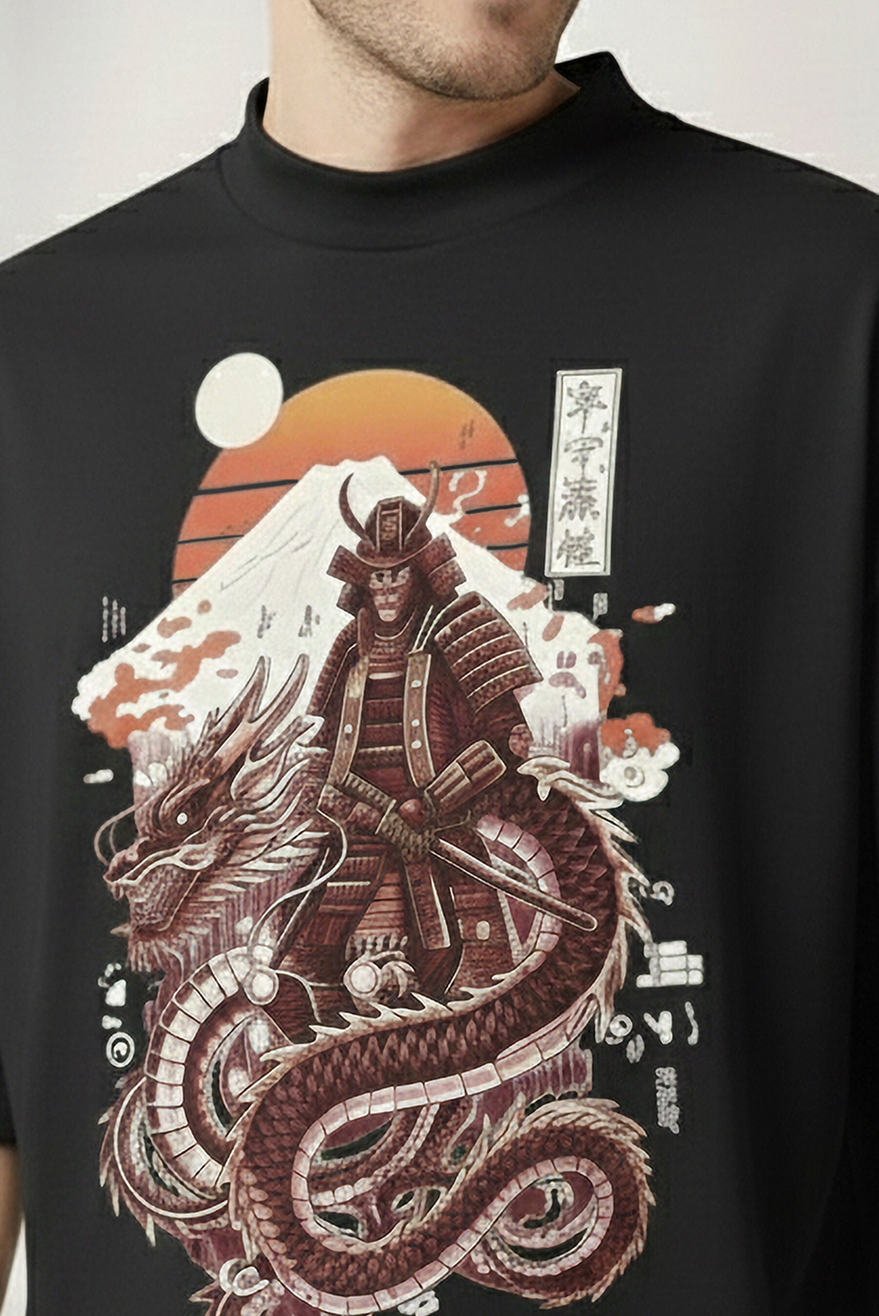 Samurai Dragon Graphic Design Printed Oversized Tshirt Black